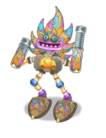 a cartoon drawing of a colorful robot holding two bottles of liquid