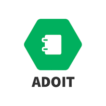 a green hexagon with a notebook icon and the word adoit underneath it