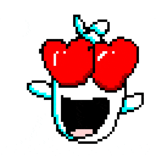 a pixel art drawing of a cuphead with two hearts in his eyes