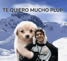 a picture of a man and a puppy with the words te quiero mucho plup above them