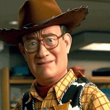 a man in a cowboy hat and vest from toy story is making a funny face .