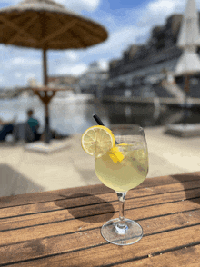 a drink in a glass with a straw and a slice of lemon