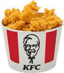 a bucket of fried chicken from kfc with a man 's head on it .