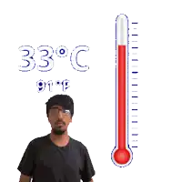a man stands in front of a thermometer that reads 33 degrees