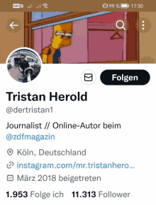 a screenshot of tristan herold 's twitter account with a picture of bart simpson