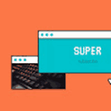 a blue box with the word super on it is sitting on top of a keyboard on an orange background .