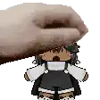 a pixel art of a hand holding a cartoon character 's head .