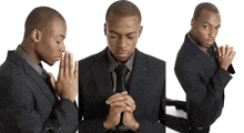 three images of a man in a suit praying