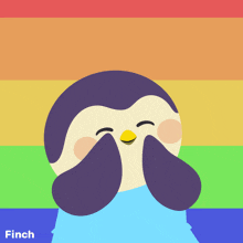 a penguin with a rainbow background and the words proud of finch