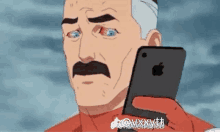 a cartoon man with a mustache is holding a cell phone .