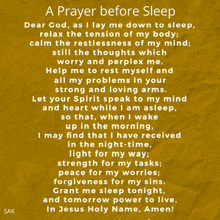 a prayer before sleep is written on a yellow paper