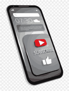 a smart phone with a subscribe button and a play button