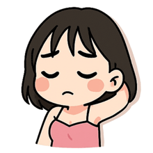 a cartoon drawing of a girl with her eyes closed and her hand on her neck