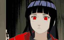 a girl with black hair and red eyes has a headband that says ' nnn ' on it