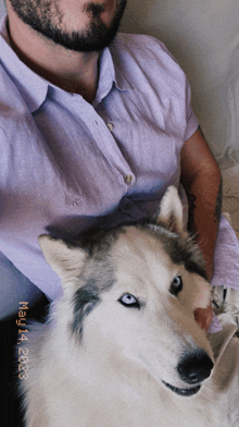 a man holding a husky dog with a mail 14 2023 stamp on the bottom right