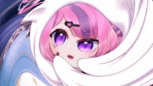 a close up of a pink and purple anime girl wrapped in a white cloth .