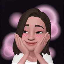 a cartoon girl is smiling with her hands on her cheeks