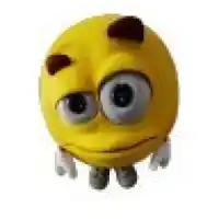 a close up of a yellow smiley face with big eyes .