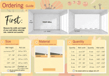 a ordering guide explains how to measure the width and height of a wall before selecting a size material and quantity