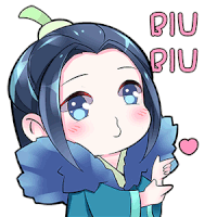 a cartoon of a girl with blue hair and the words biu biu below her