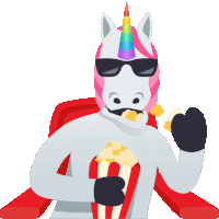 a cartoon unicorn wearing sunglasses and eating popcorn