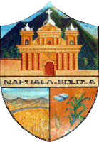 a coat of arms for nahuala solola with a church and mountains