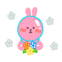 a pink bunny holding a bouquet of flowers surrounded by flowers