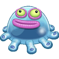 a cartoon illustration of a blue monster with purple lips and green eyes