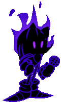 a cartoon character is holding a microphone with purple flames coming out of it .