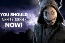 a person wearing a mask and a hooded jacket is standing in front of a lightning storm .