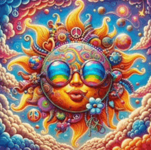 a colorful painting of a sun wearing sunglasses and a peace sign