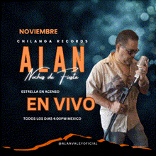 a man singing into a microphone with november chilanga records alan en vivo on the bottom