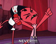 a cartoon character is holding a fire extinguisher and saying never .