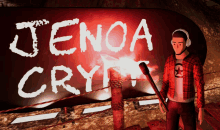 a man with headphones stands in front of a red sign that says jenoa cry