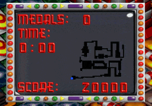 a video game screen with medals 0 time 0 00 and score 20000