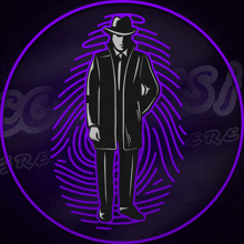 a man in a suit and hat is standing in a purple circle with a fingerprint behind him