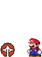 a pixel art of mario standing next to a red arrow pointing up