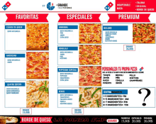 a menu for domino 's pizza shows a variety of different pizzas