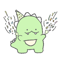 a green dinosaur wearing a party hat is surrounded by confetti