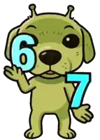 a cartoon dog is holding a blue number 6 and 7