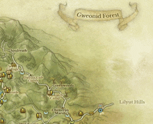 a map showing gwenid forest and lilyut hills on it