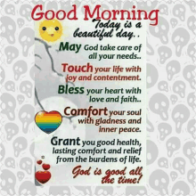 a good morning today is a beautiful day may god take care of all your needs