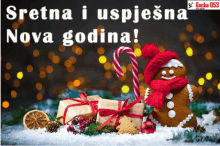 a picture of a gingerbread man with a candy cane and the words sretna i uspjesna nova godina