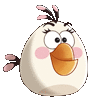 a white angry bird with a pink cheek and a yellow beak .