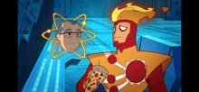 a cartoon of a superhero holding a slice of pizza next to a man with glasses