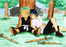 a drawing of a boy and a girl laying under a tree with swords in the foreground