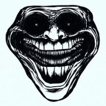 a black and white drawing of a troll face with a big smile and teeth .