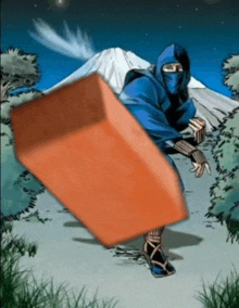 a cartoon of a ninja carrying a large red block