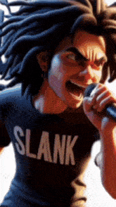 a man with dreadlocks is singing into a microphone wearing a slank shirt