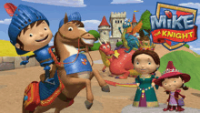 a poster for mike the knight shows a knight on a horse